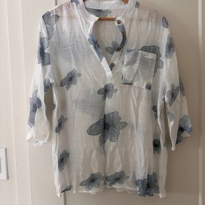 Women's White Floral Split-Neck Blouse